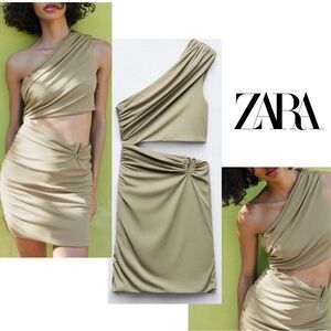 Zara khaki green draped ruched one shoulder asymmetrical cut-out mini dress XL